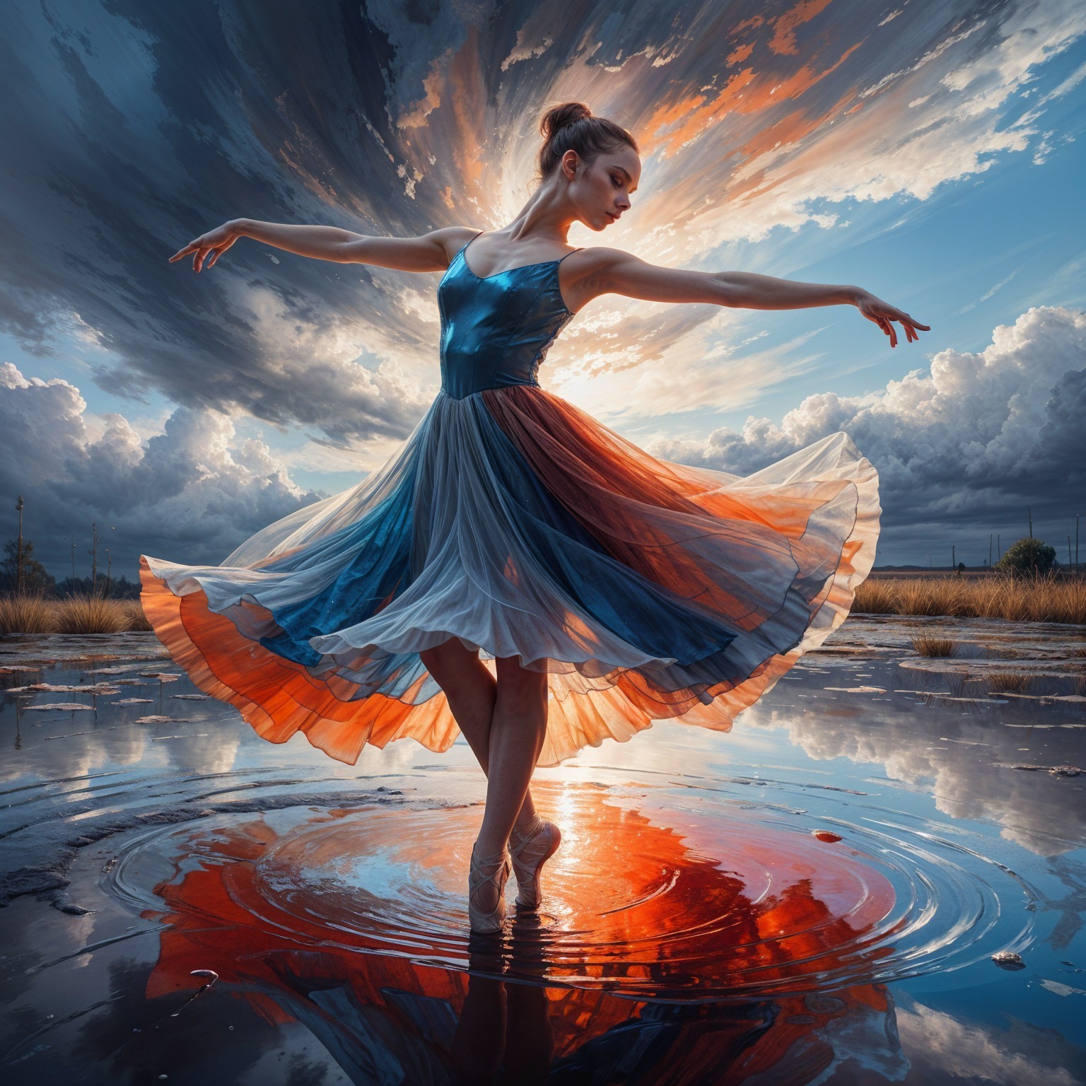 Dancer in Vibrant Dress Against Dramatic Sky