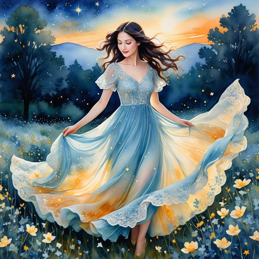 Young Woman in Ethereal Dress Amidst Mystical Landscape