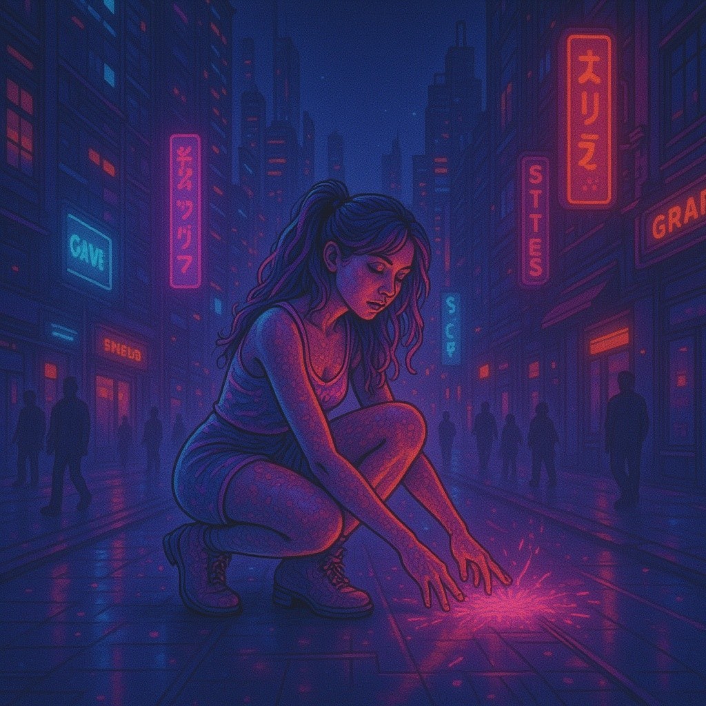 Young woman with glowing hands in neon urban scene