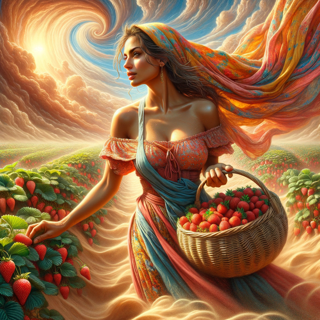 Woman in flowing dress with strawberry basket in fields