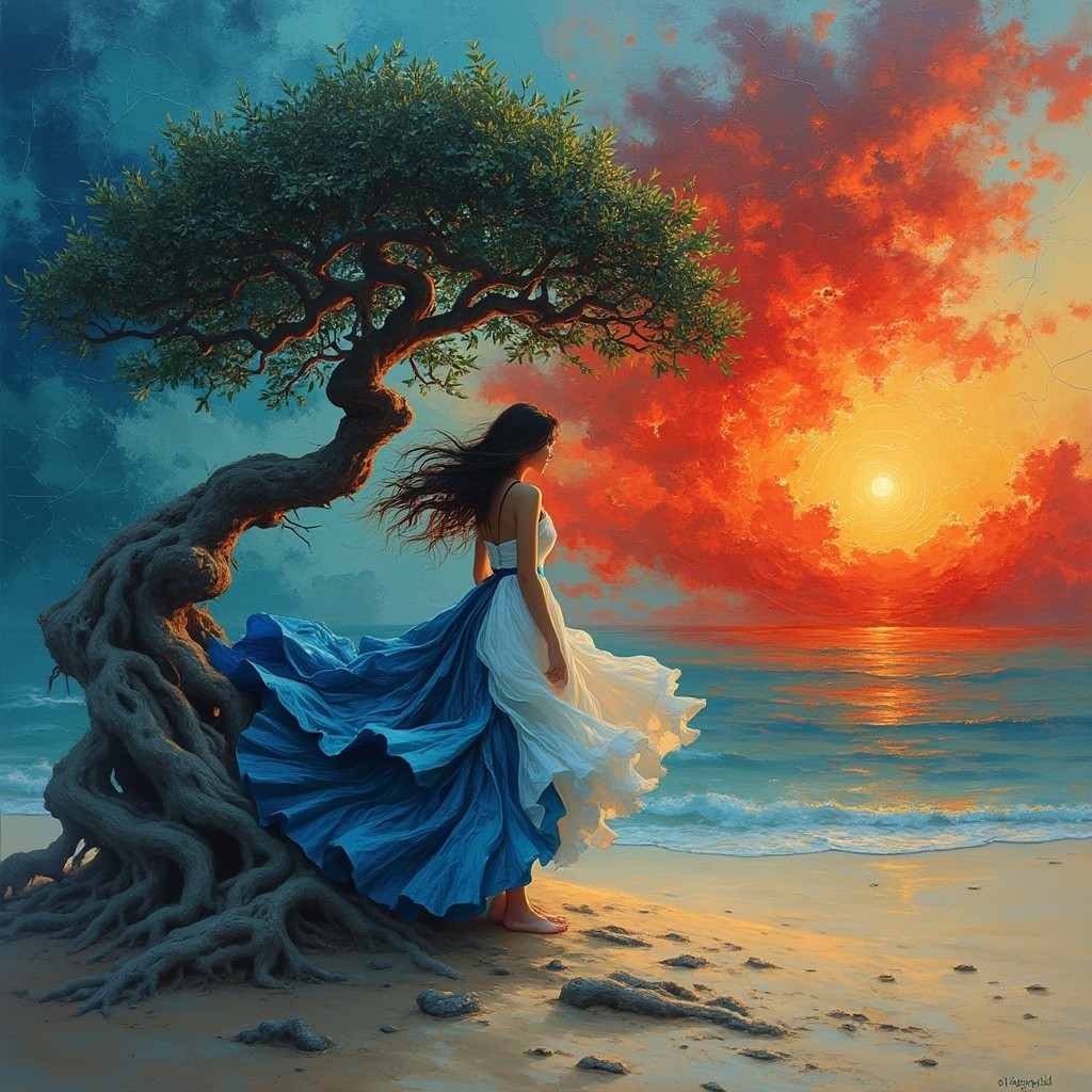 Serene Beach Scene at Sunset with Vibrant Clouds