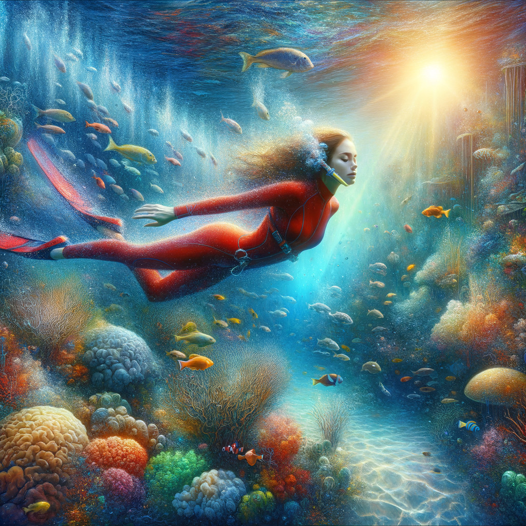 Underwater Scene with Woman in Red Swimsuit and Coral Reef