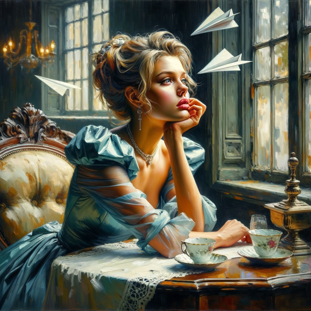 Young Woman in Vintage Blue Gown by Sunlit Window