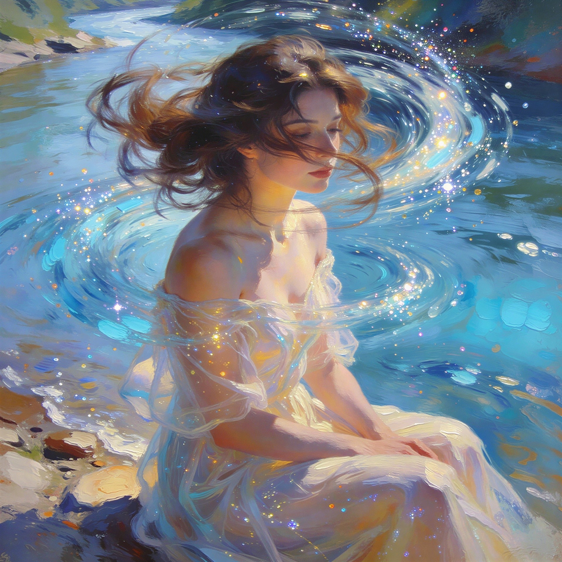 Woman in White Dress by Aqua Blue Water