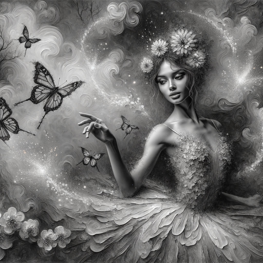 Ballerina in Black-and-White Ethereal Setting