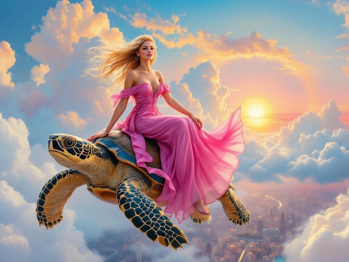 Woman in Pink Gown Riding Giant Turtle in Clouds