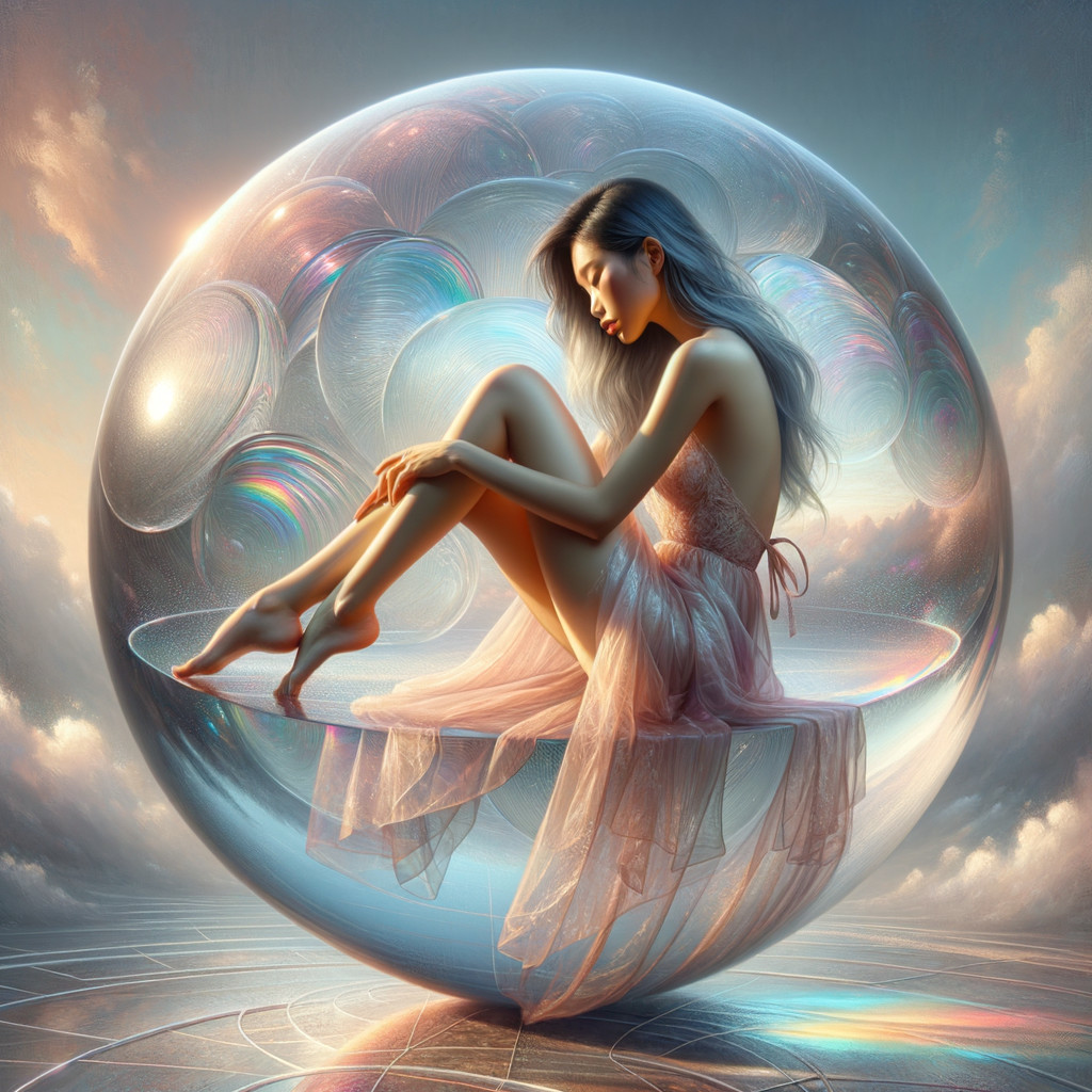 Young woman in a translucent bubble in a dreamy setting