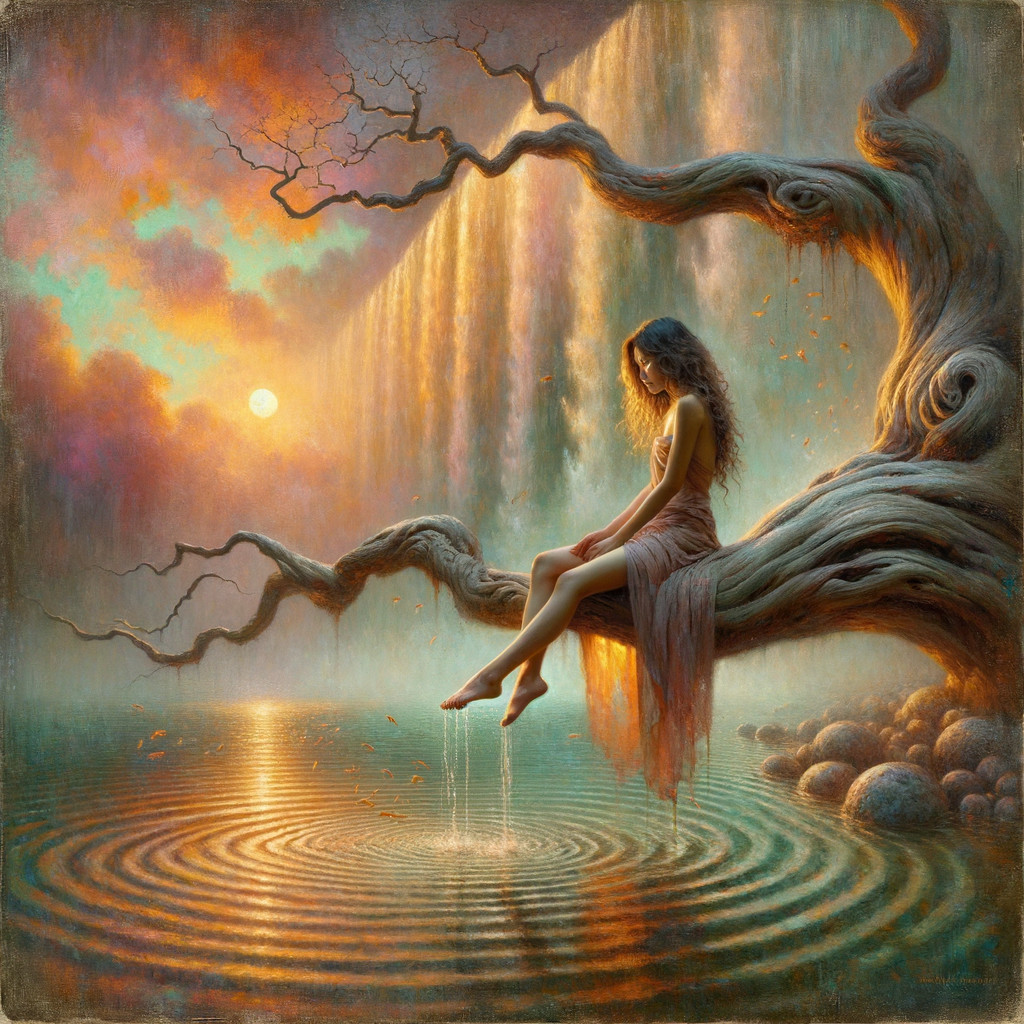 Young Woman on Tree Branch by Calm Waters at Sunset