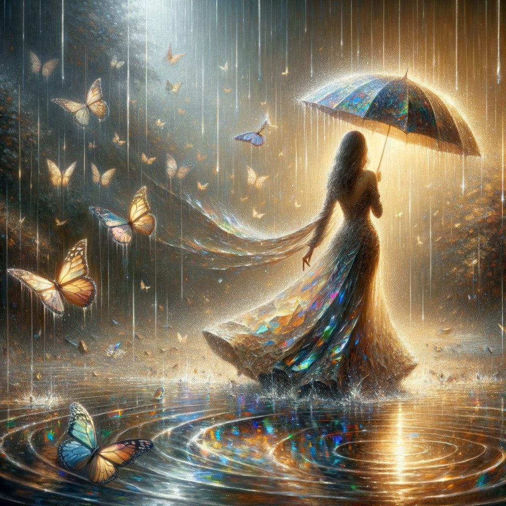 Silhouette of a Woman in Rain with Butterflies