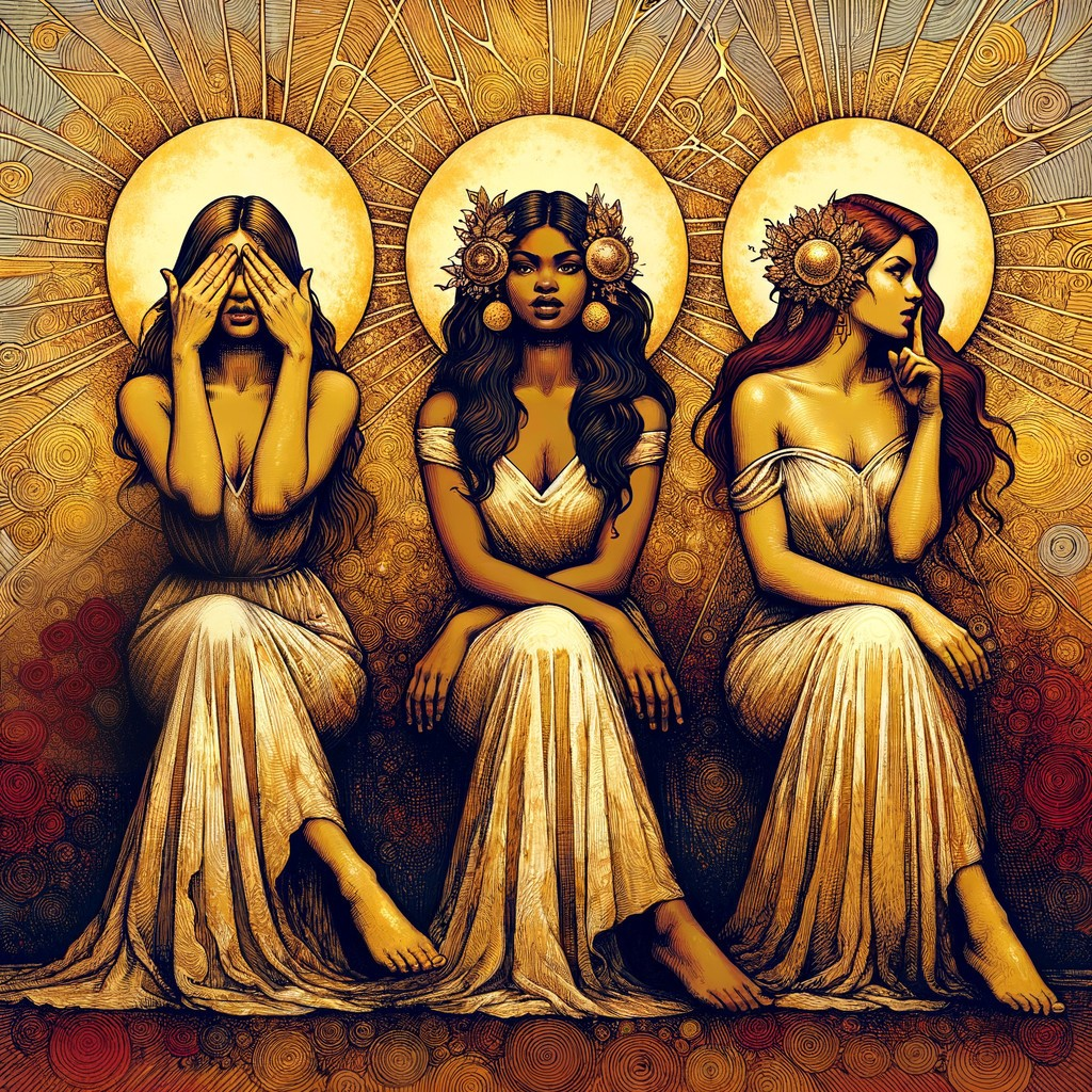 Three Women in Gowns Representing "See, Hear, Speak No Evil