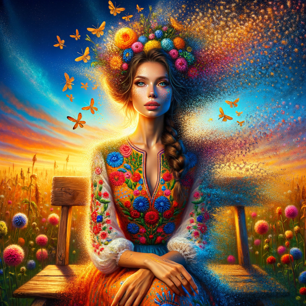 Young woman in embroidered dress surrounded by butterflies