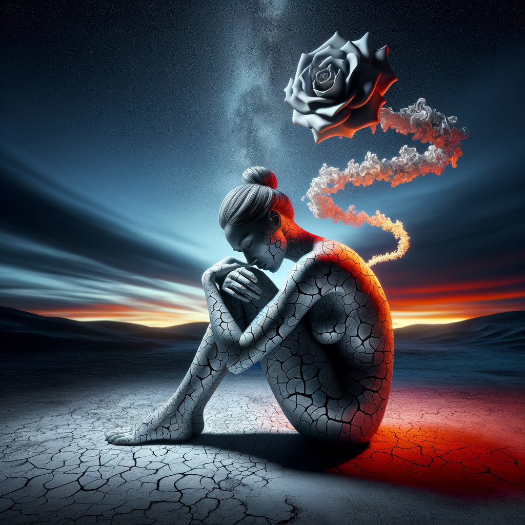 Figure on Barren Ground with Rose in Dramatic Sky