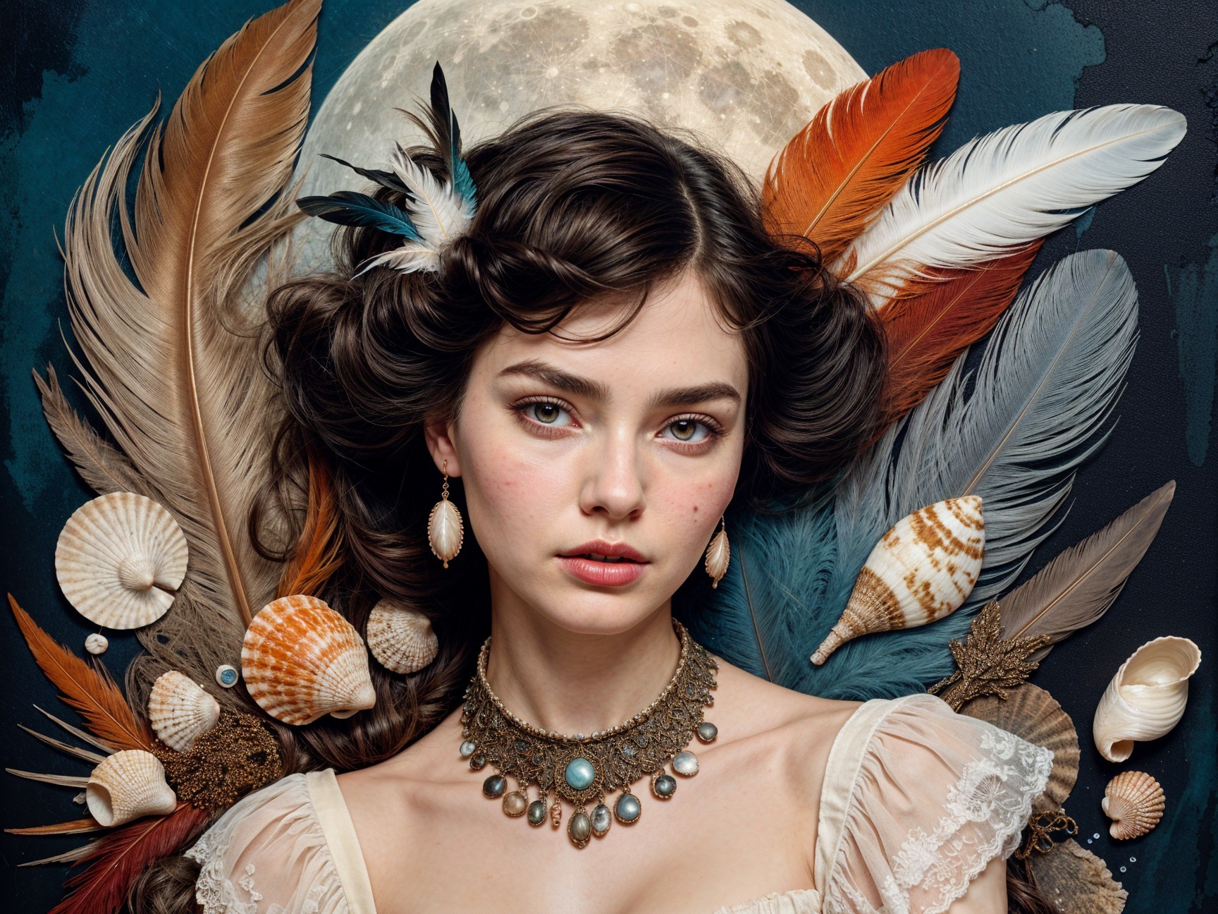 Young woman with wavy hair and vintage dress by moon