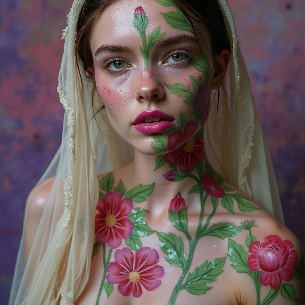 Portrait of a Young Woman with Floral Body Paint
