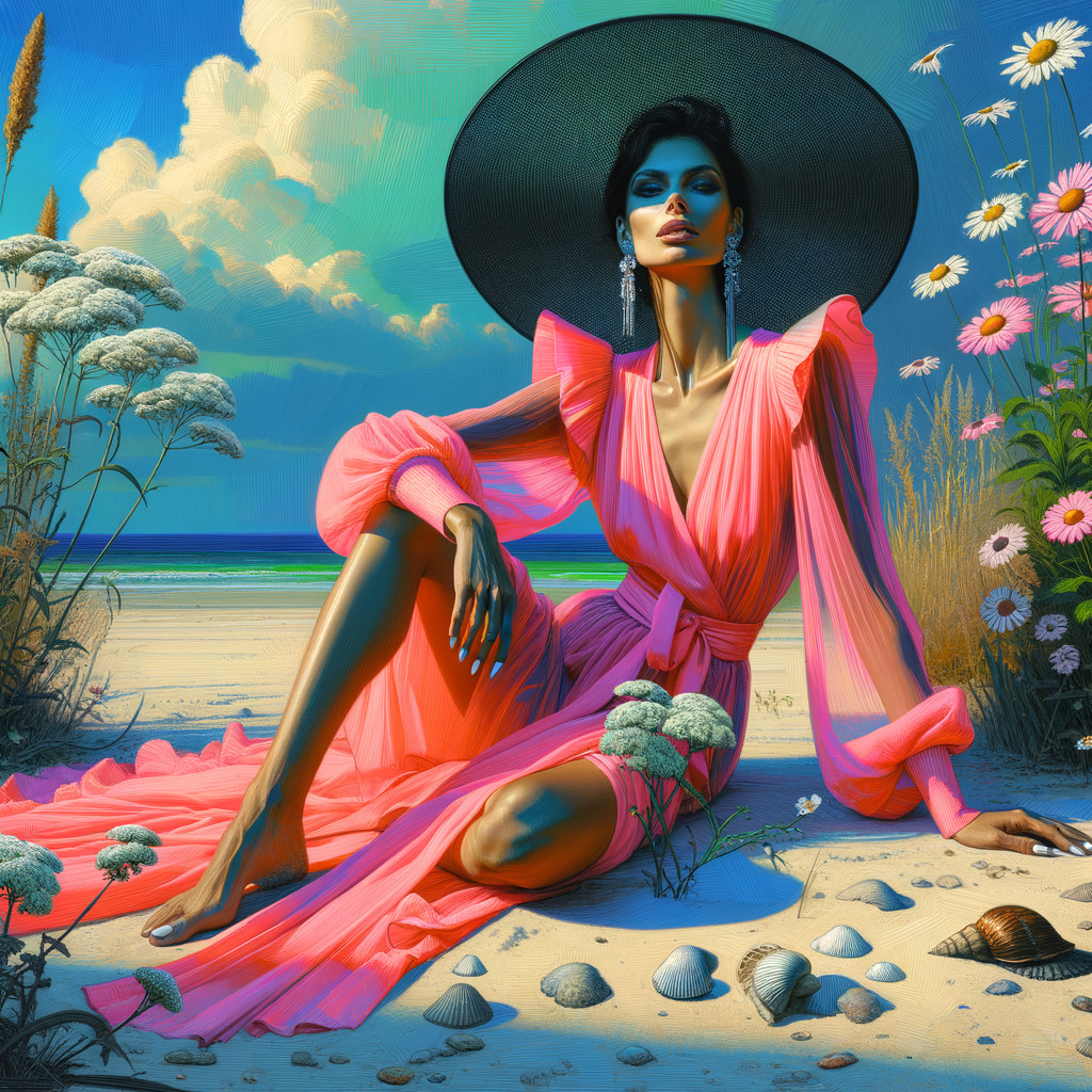 Glamorous Figure in Pink Gown on Sandy Beach