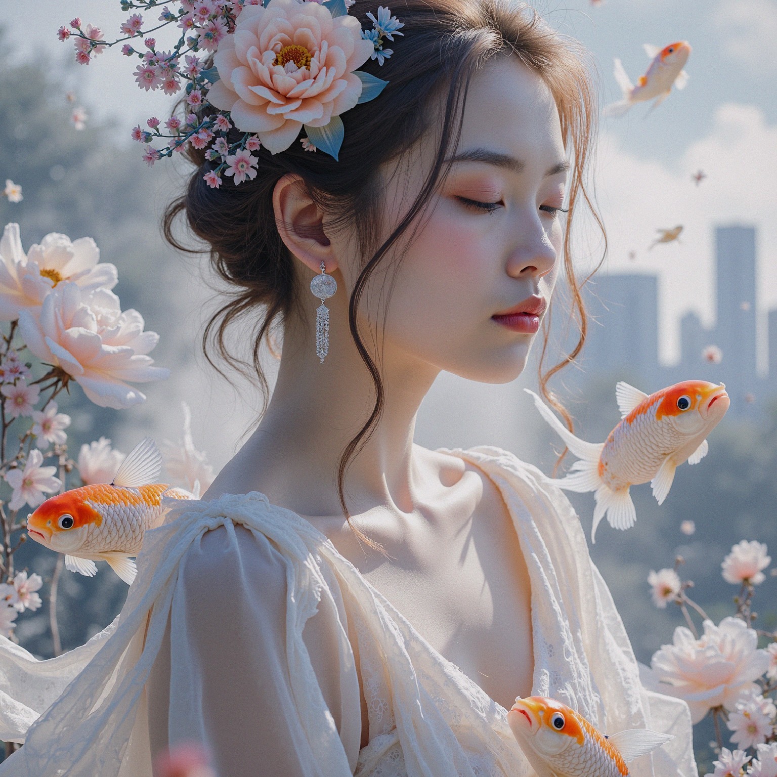 Serene woman with flowers and goldfish in dreamlike scene