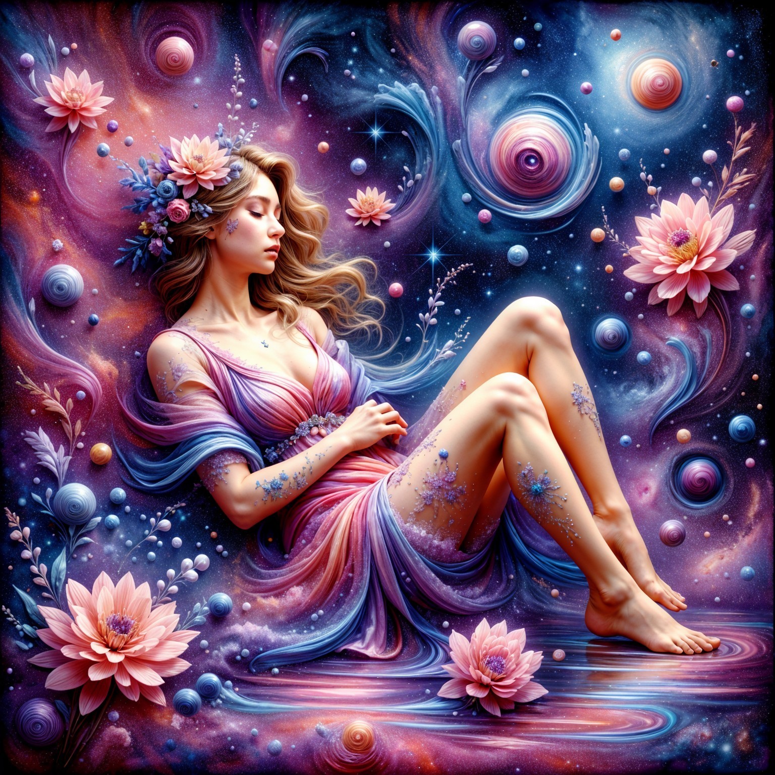 Ethereal Figure in Cosmic Floral Landscape