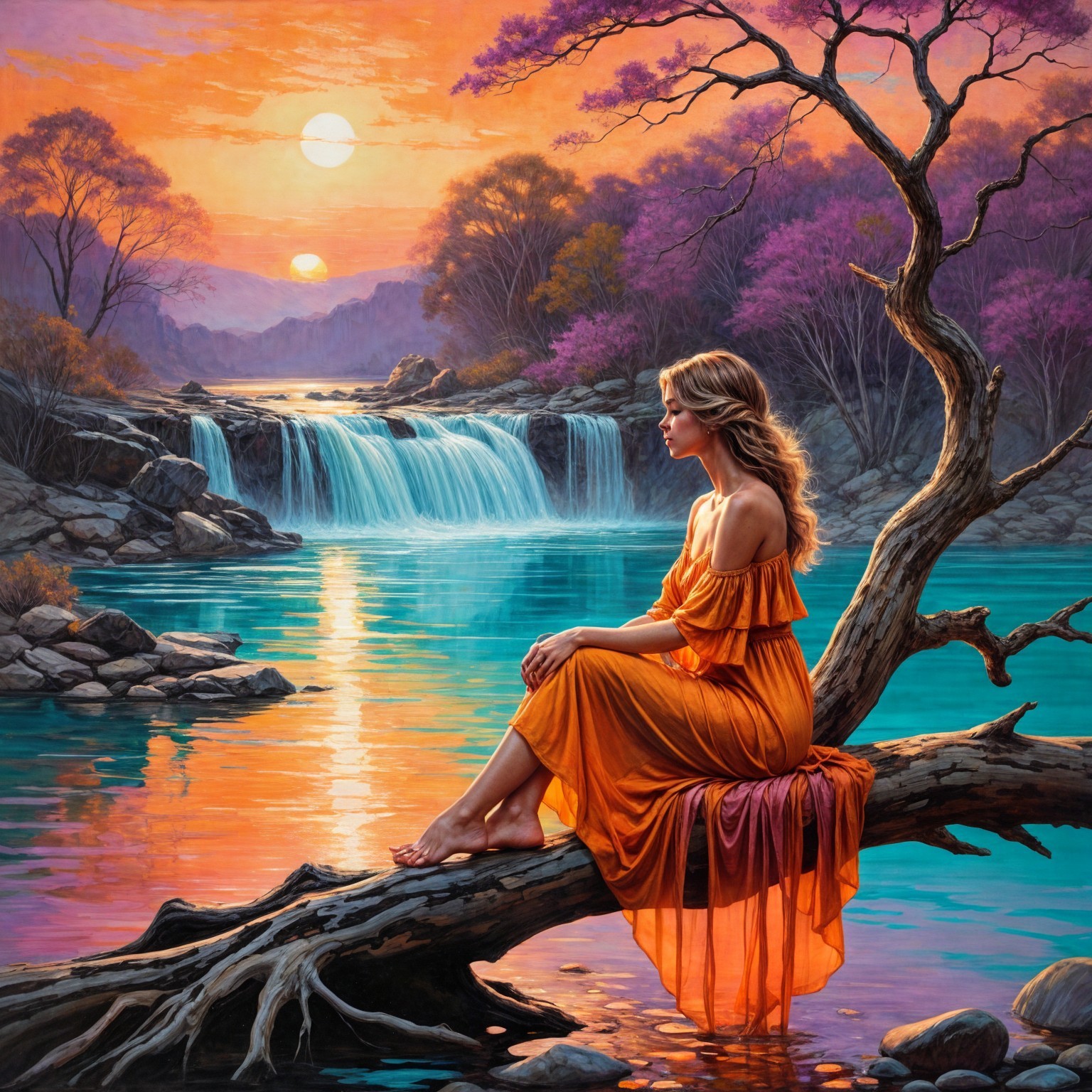 Woman in Orange Dress by Tranquil River at Sunset