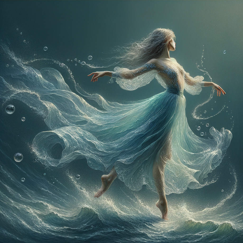 Dancer in Flowing Gown Amidst Ocean Waves and Light