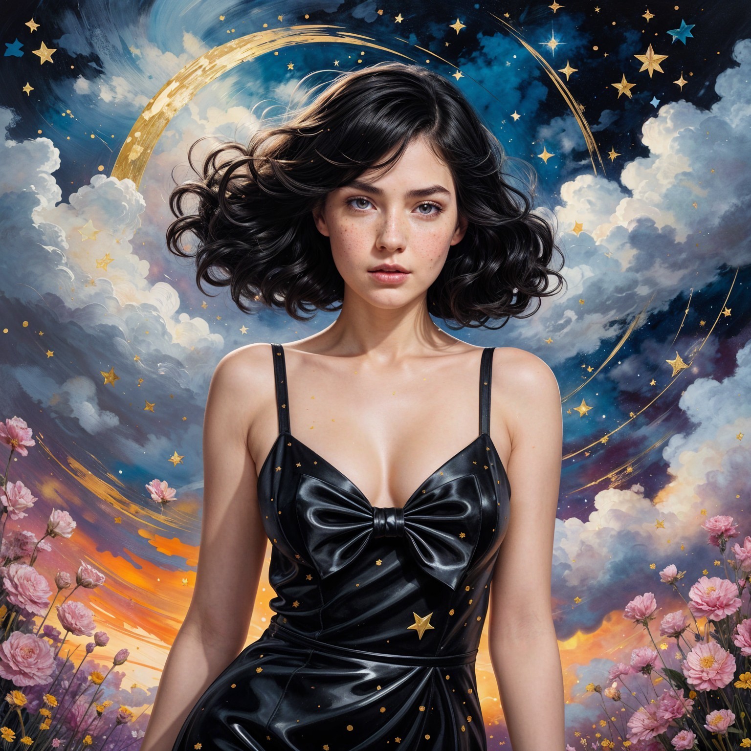 Young woman in black dress with starry sky backdrop