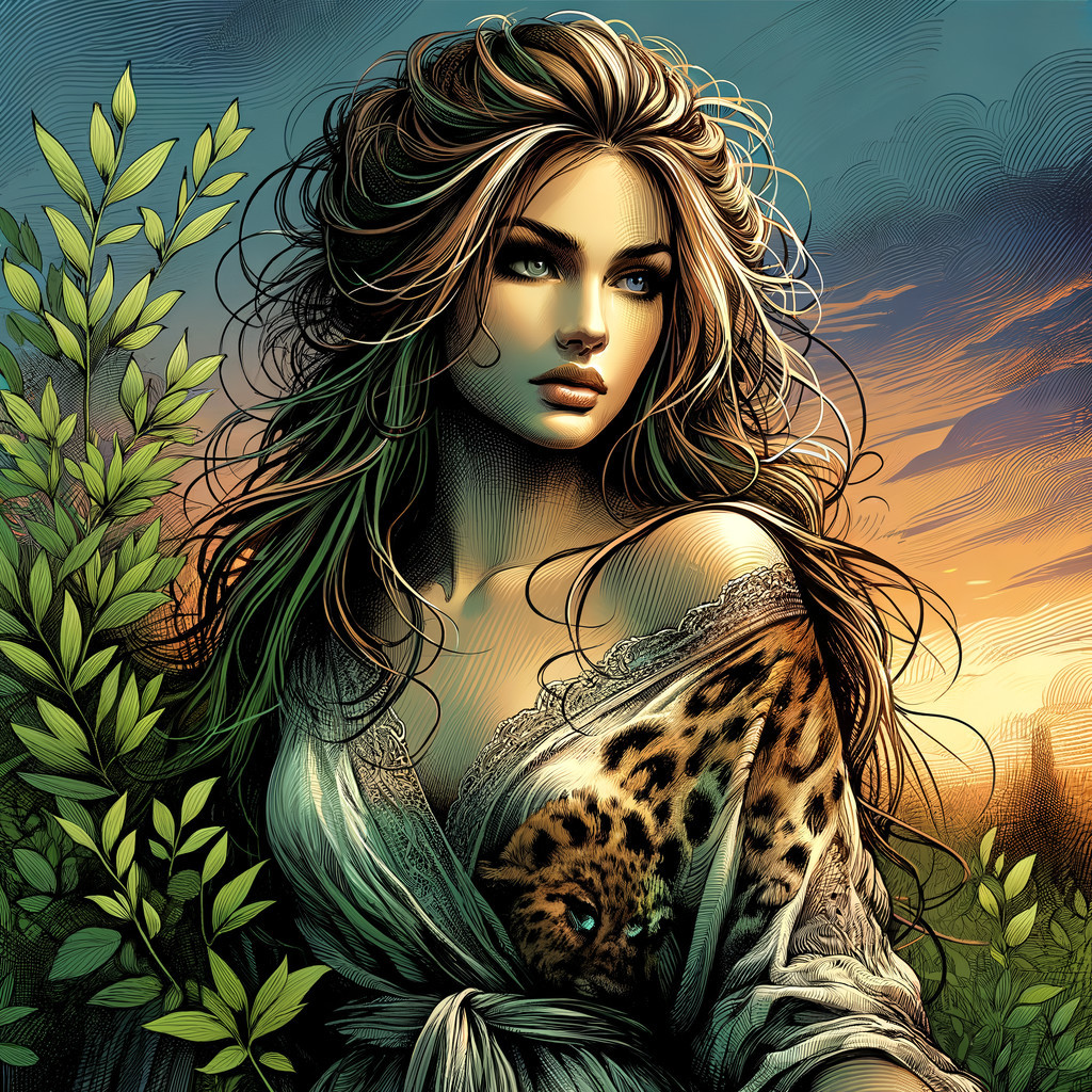Woman with Leopard in Lush Sunset Landscape