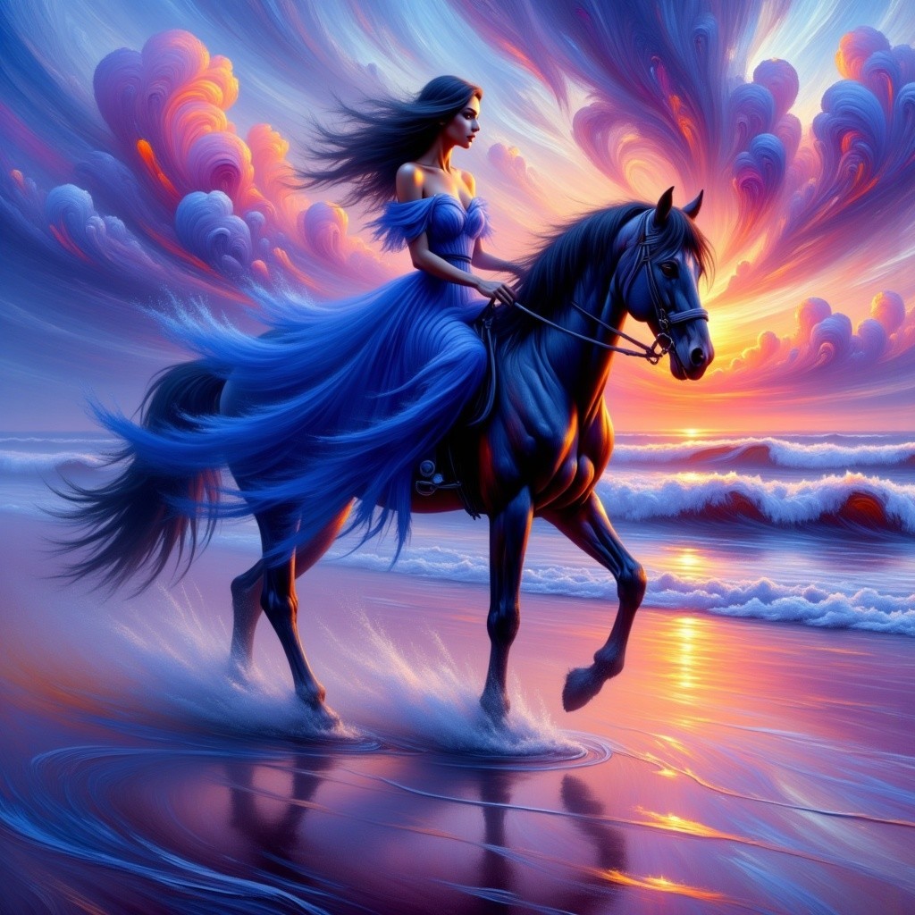 Woman in Blue Gown Riding Horse at Sunset Beach