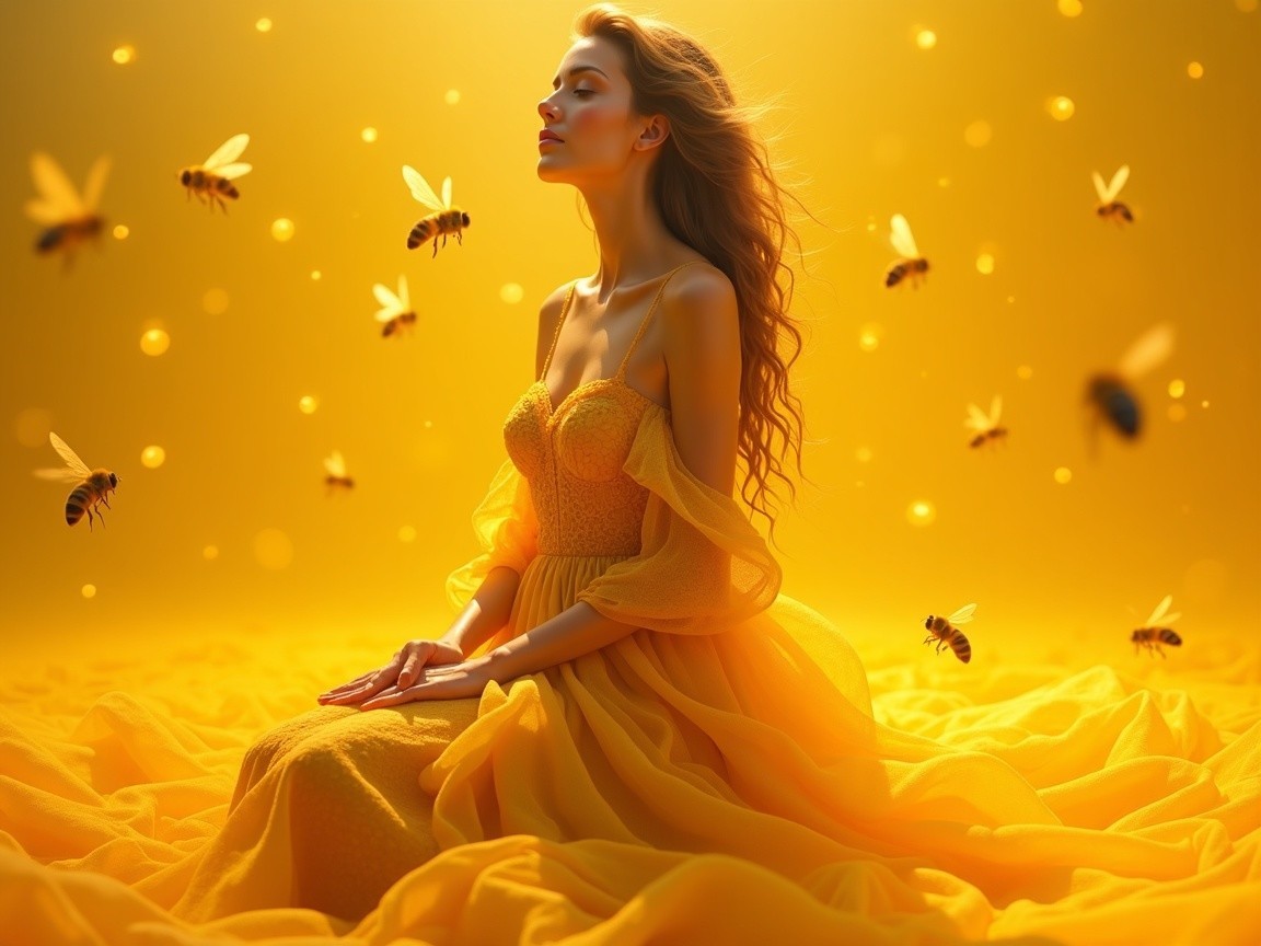 Woman in Yellow Dress Surrounded by Bees and Light