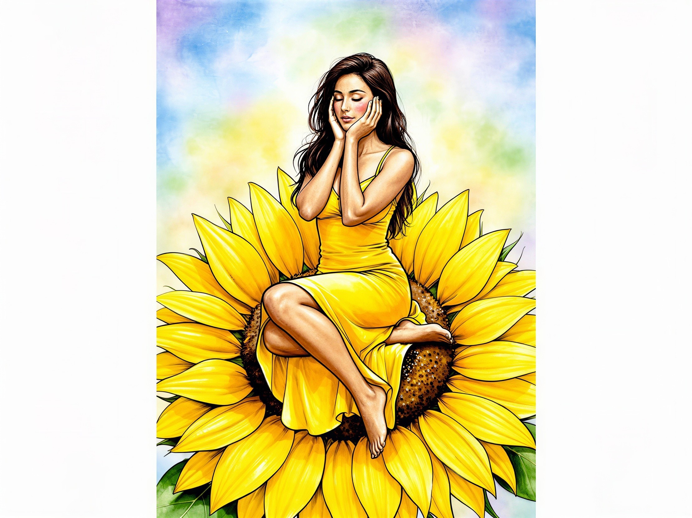 Young woman in yellow dress sitting on a sunflower