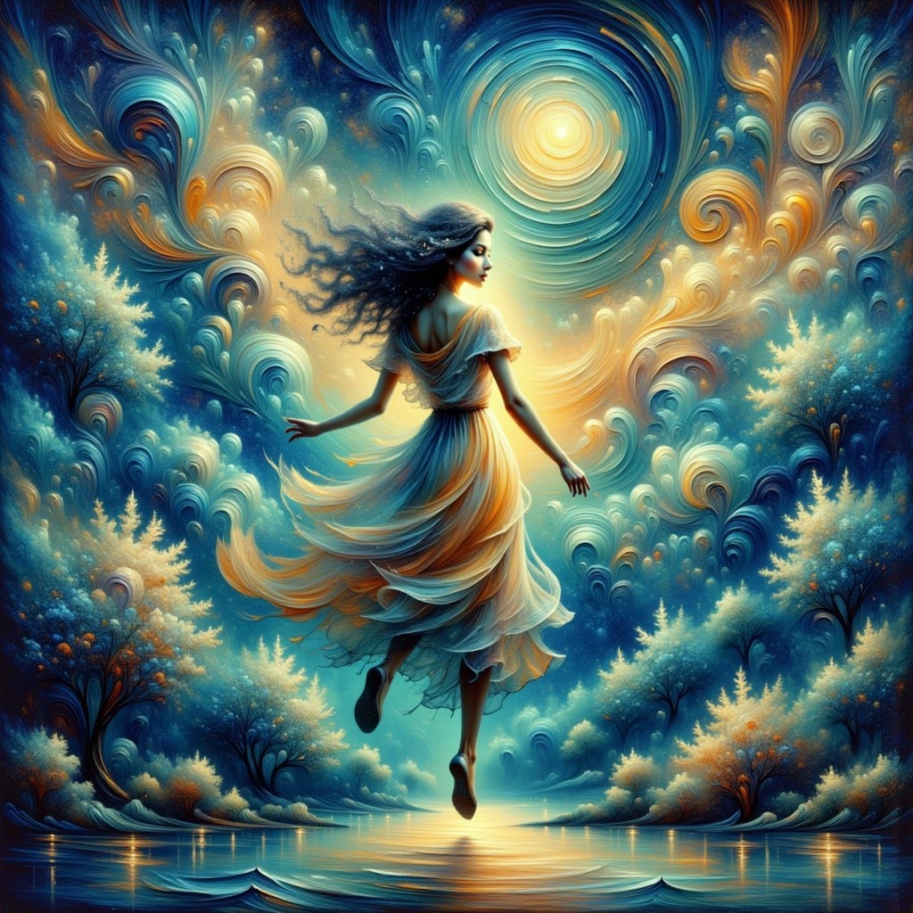 Ethereal Woman Dances Above Serene Water Surface
