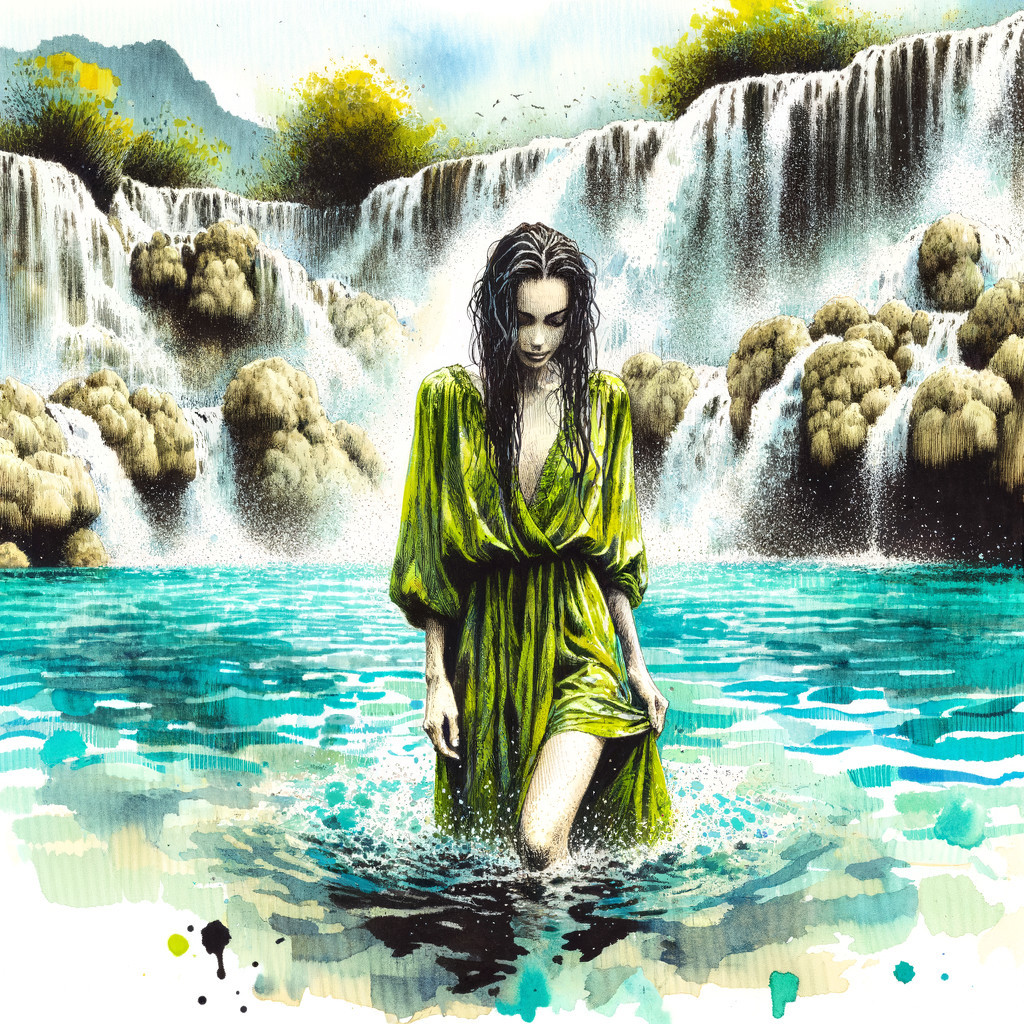 Woman in Green Dress in Turquoise Waters and Waterfalls
