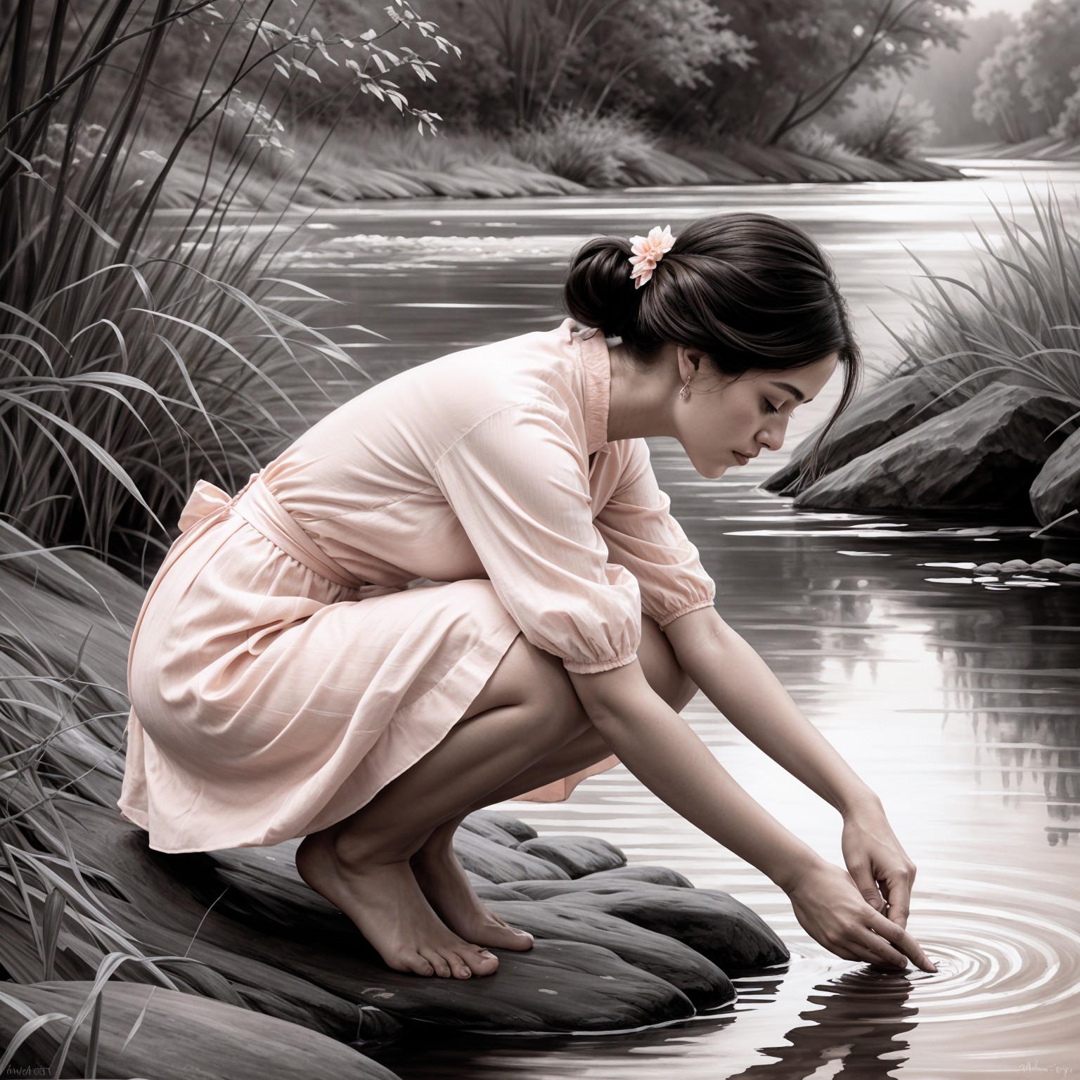 Young woman in pink dress by tranquil riverbank
