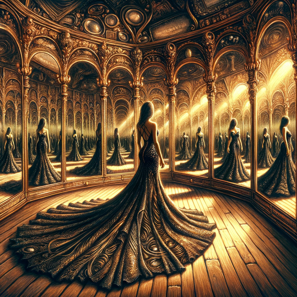 Elegant Gown in Opulent Room with Mirrors and Light