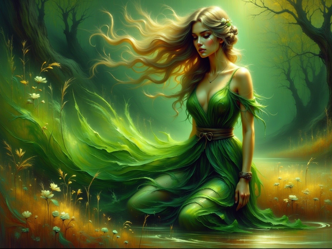 Mystical forest scene with a young woman by a stream