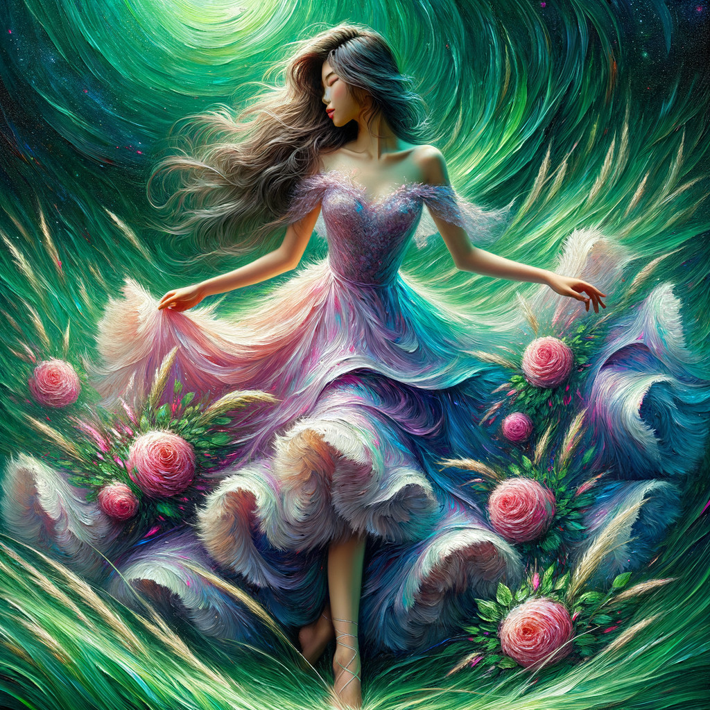 Graceful figure in colorful gown with floral patterns