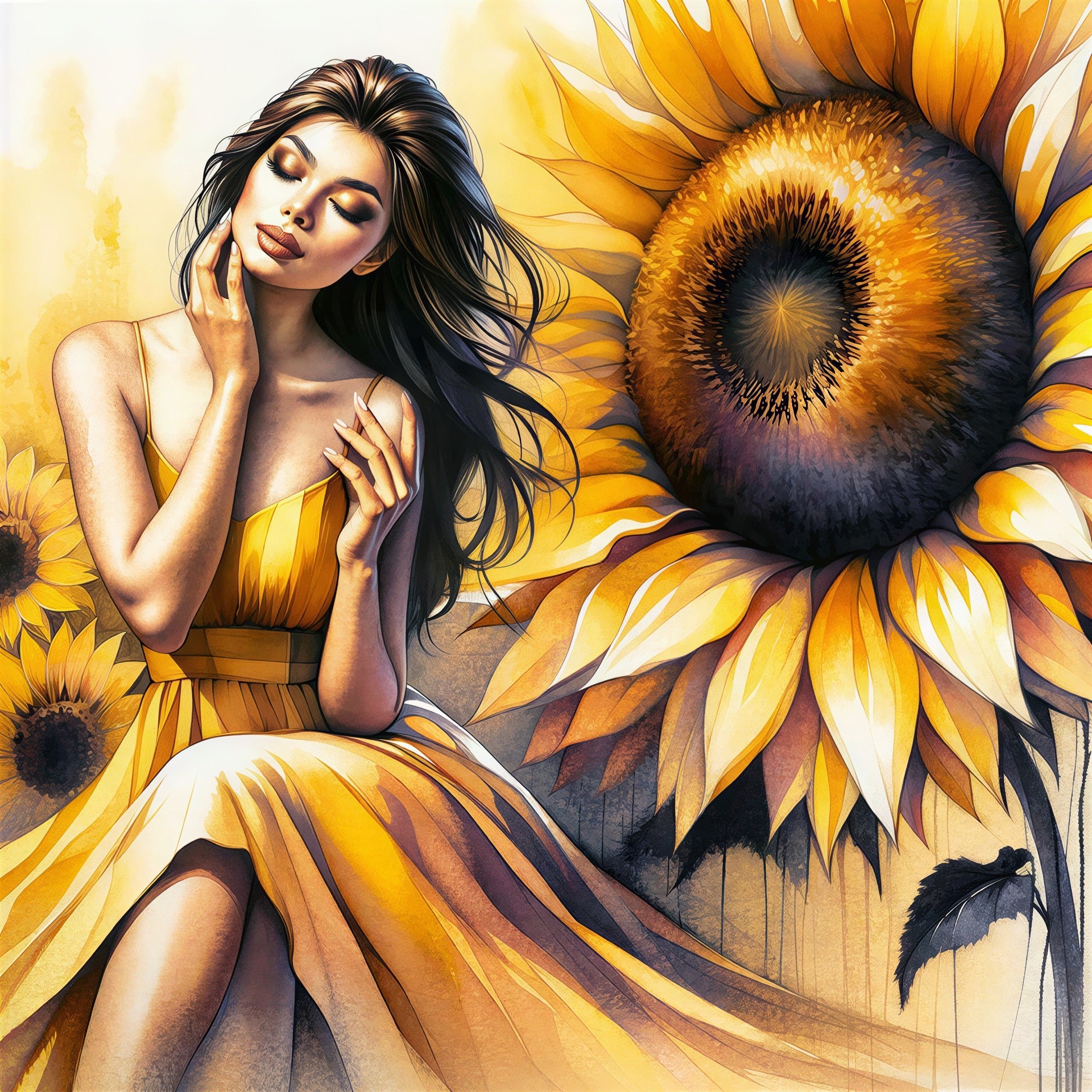 Digital Painting of Woman with Sunflowers and Dress