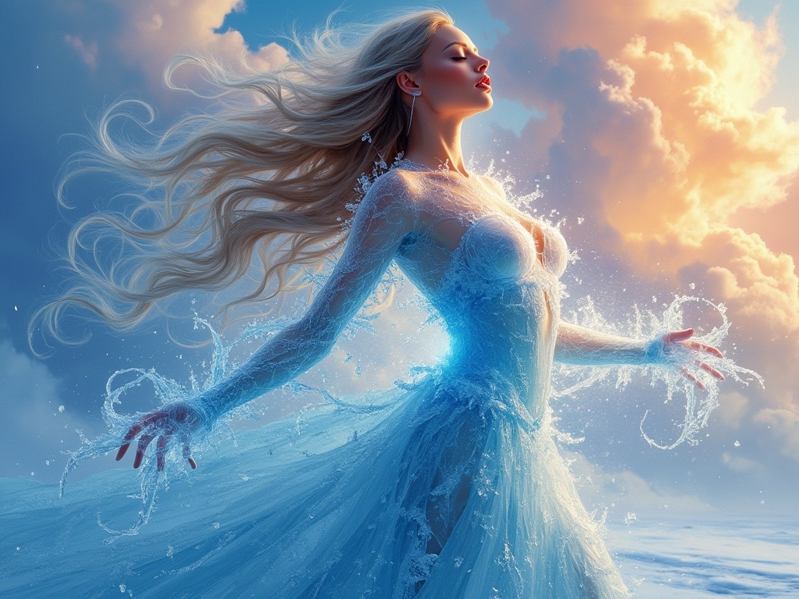Mystical Figure in Ethereal Gown Surrounded by Water