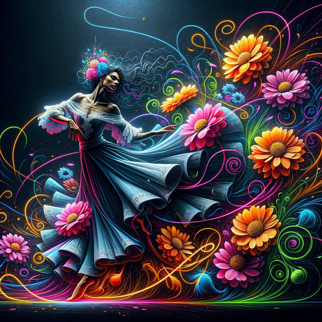 Dancer in Elegant Dress Surrounded by Colorful Flowers