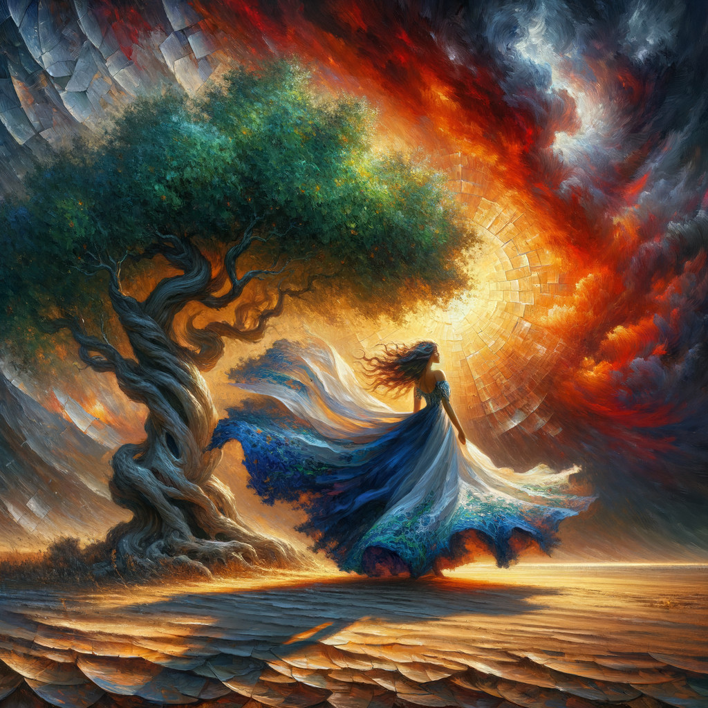Dancer in Blue and Green Dress Under Colorful Sky