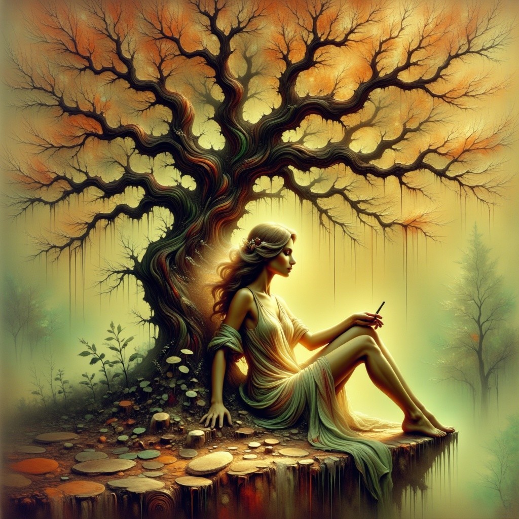 Serene figure beneath an intricate autumn tree