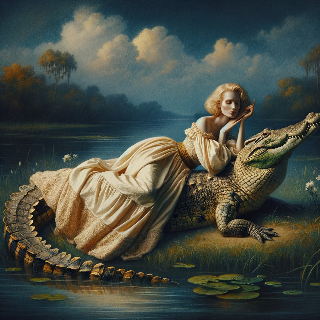 Woman in White Dress Reclining on Crocodile in Nature