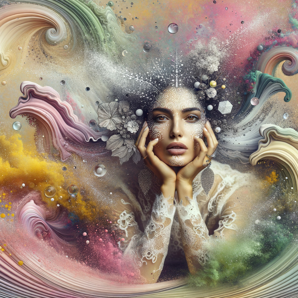 Serene Woman Amidst Vibrant Abstract Patterns