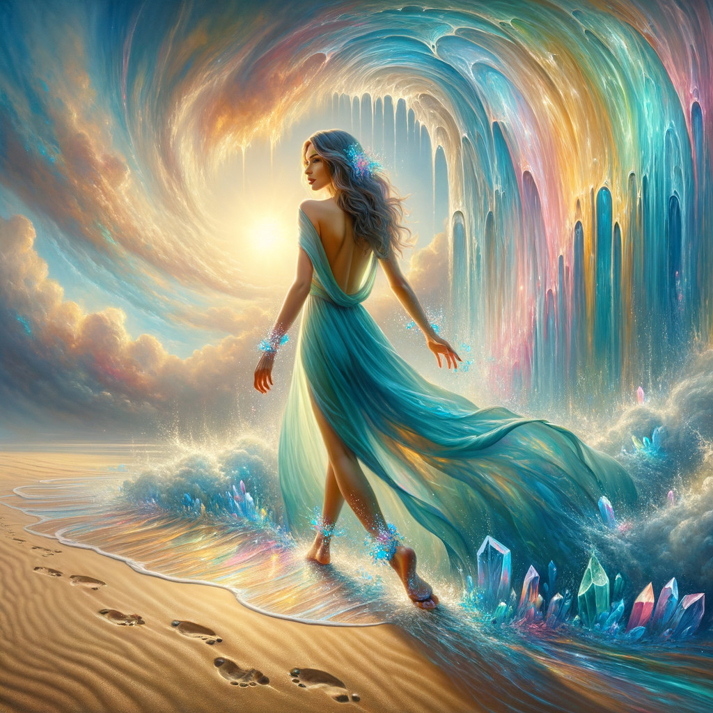 Serene Figure on Beach at Sunset with Vibrant Waves