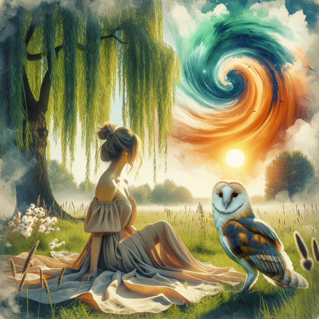 Serene Landscape with Woman by Willow Tree and Vortex