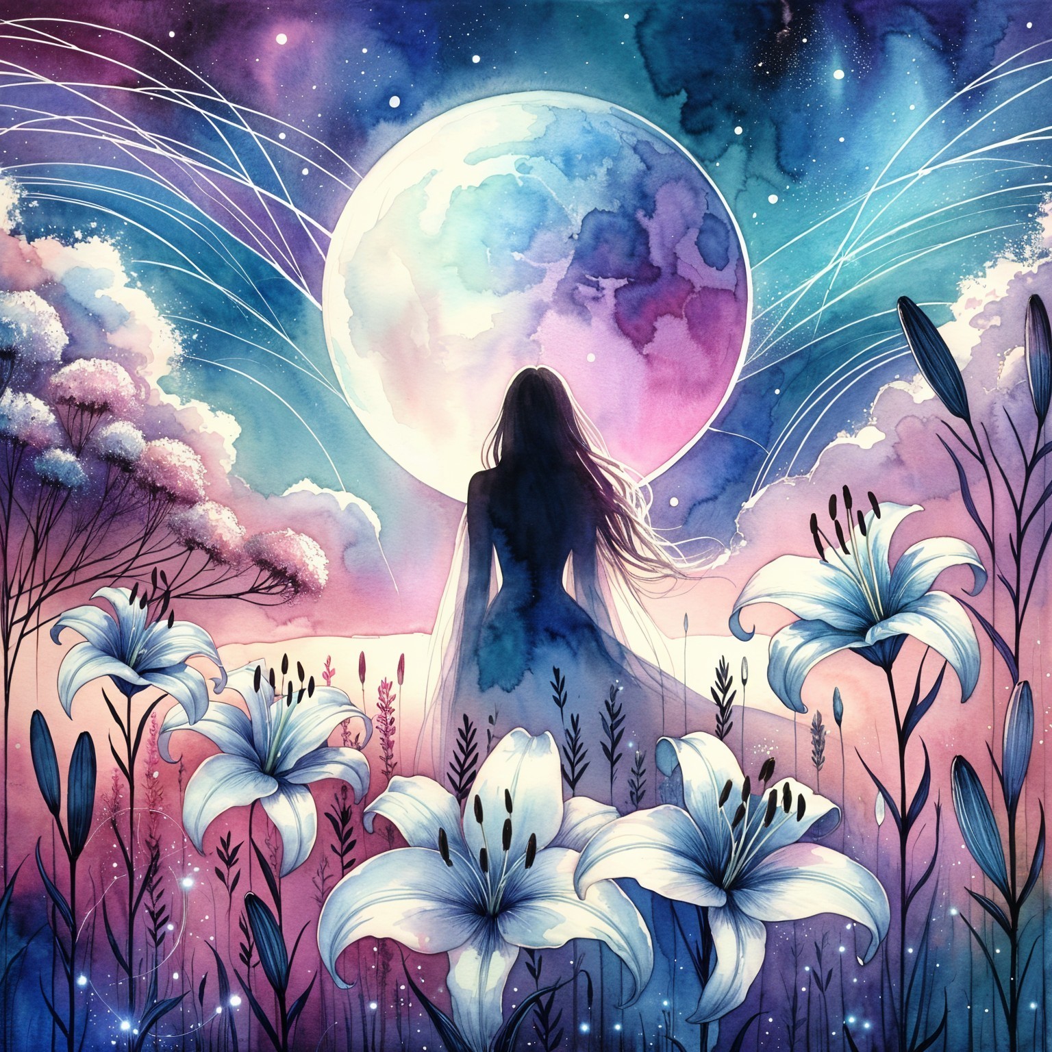 Watercolor Scene of Woman and Luminous Moon