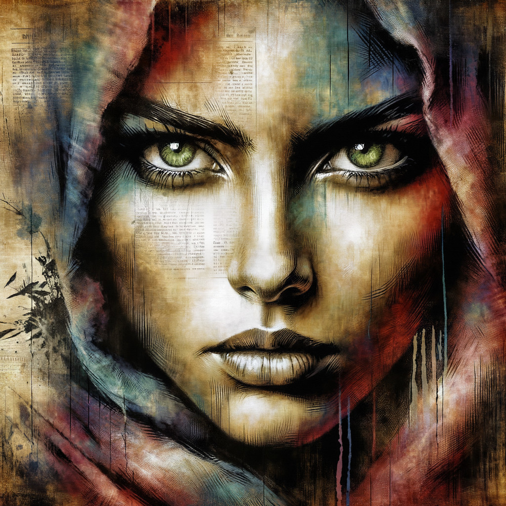 Portrait of a Woman with Green Eyes and Colorful Scarf