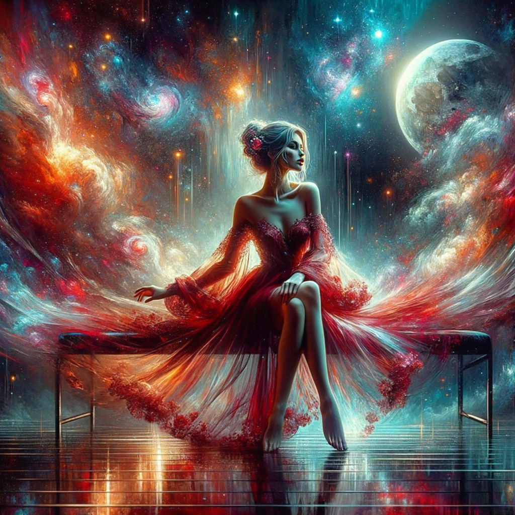 Ethereal Figure in Vibrant Dress Amid Cosmic Nebulae