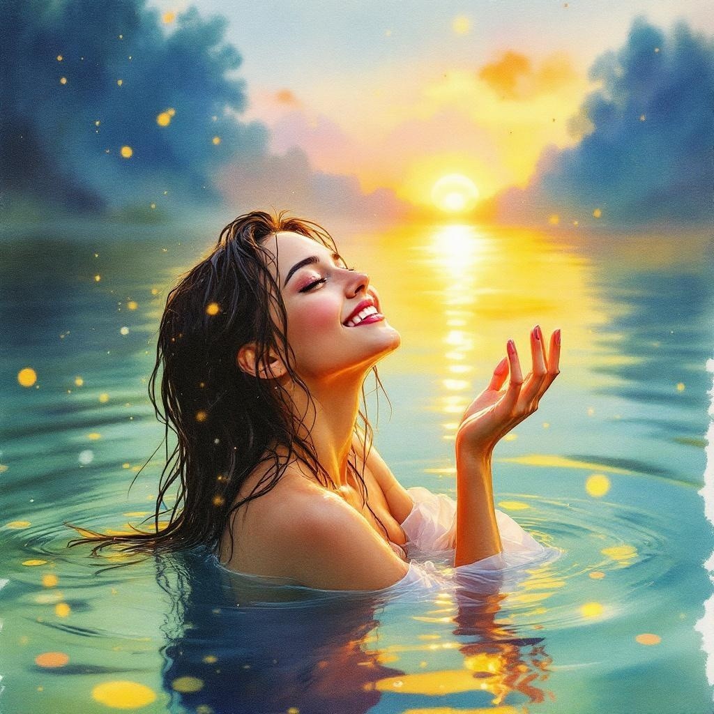Woman in tranquil waters at sunset with golden light