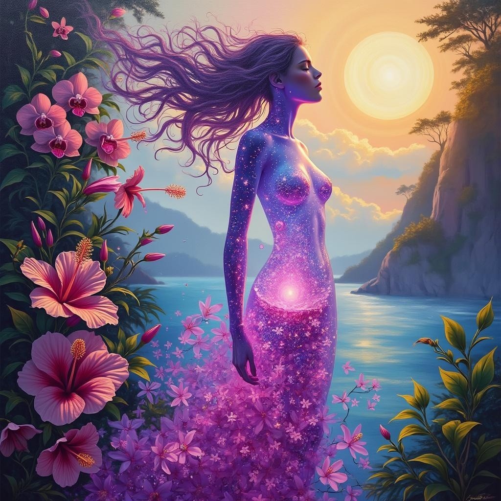 Mystical figure by serene water with cosmic patterns