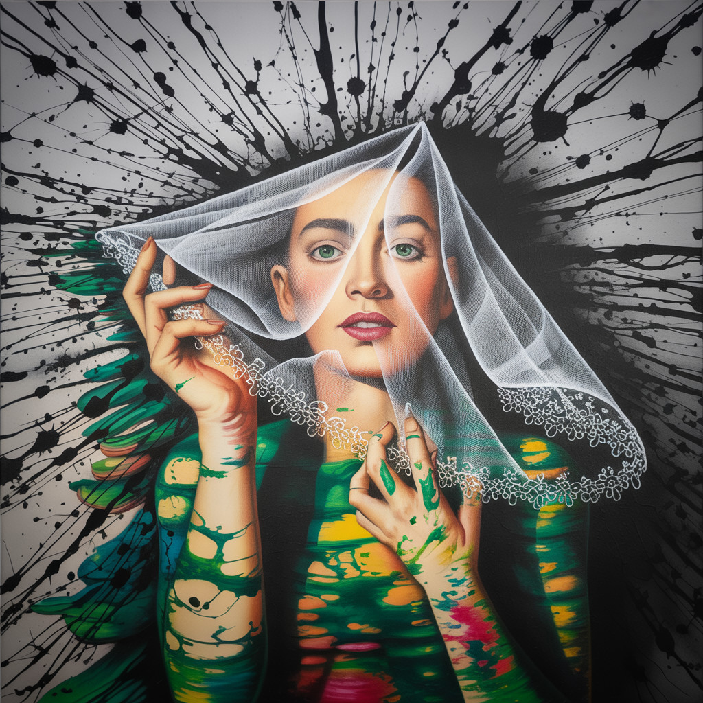 Woman with white veil in vibrant multicolored attire