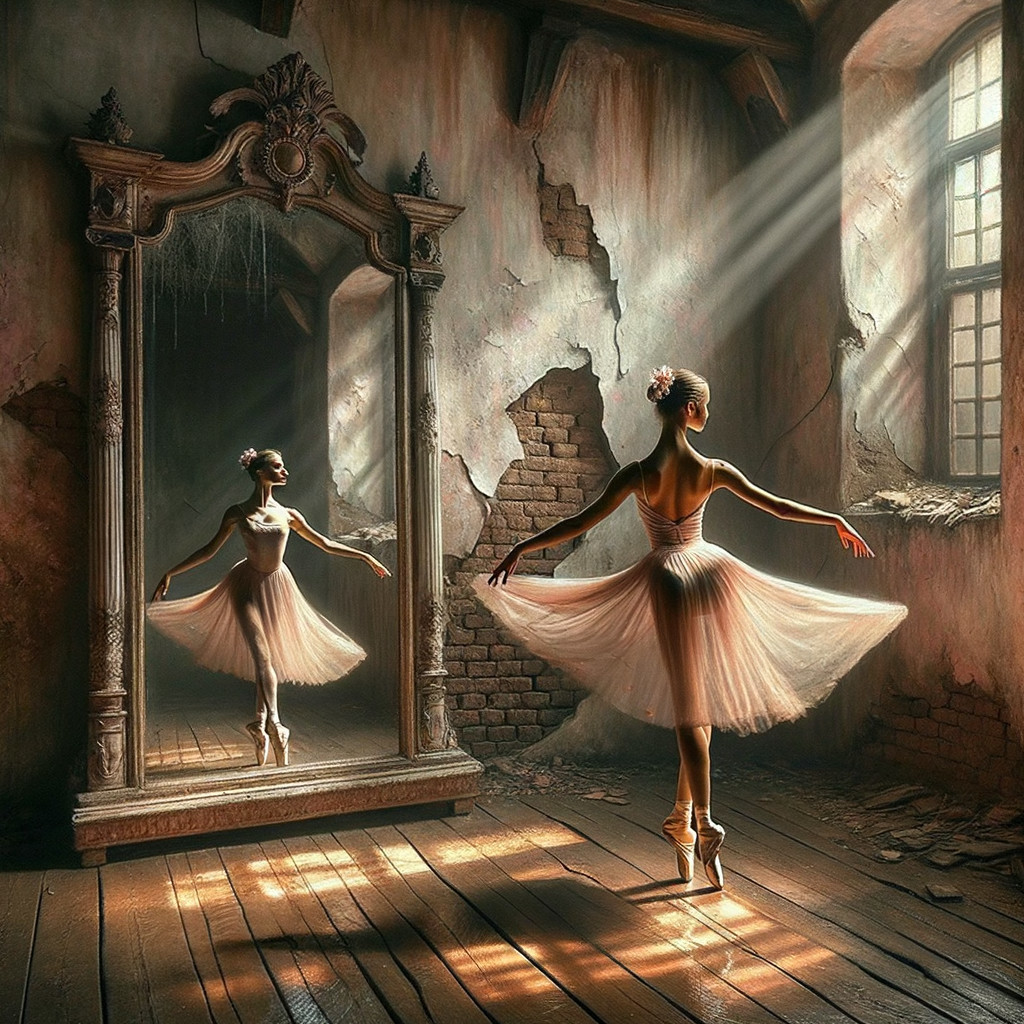 Ballerina in Sunlit Abandoned Room with Mirror